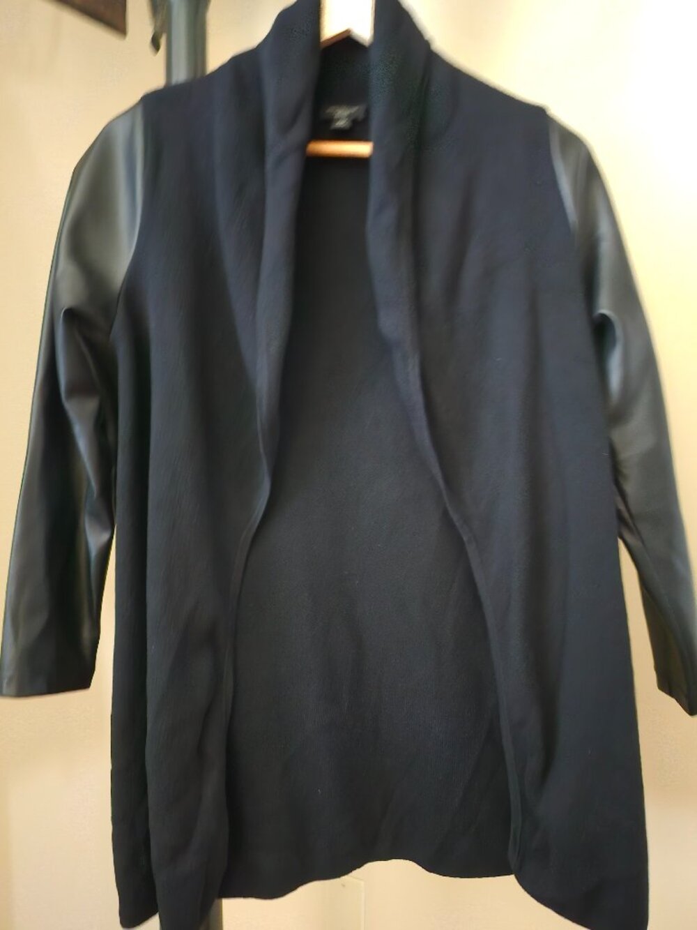 Ann Taylor Factory Black Open Front Cardigan Faux Leather Sleeves XXSP